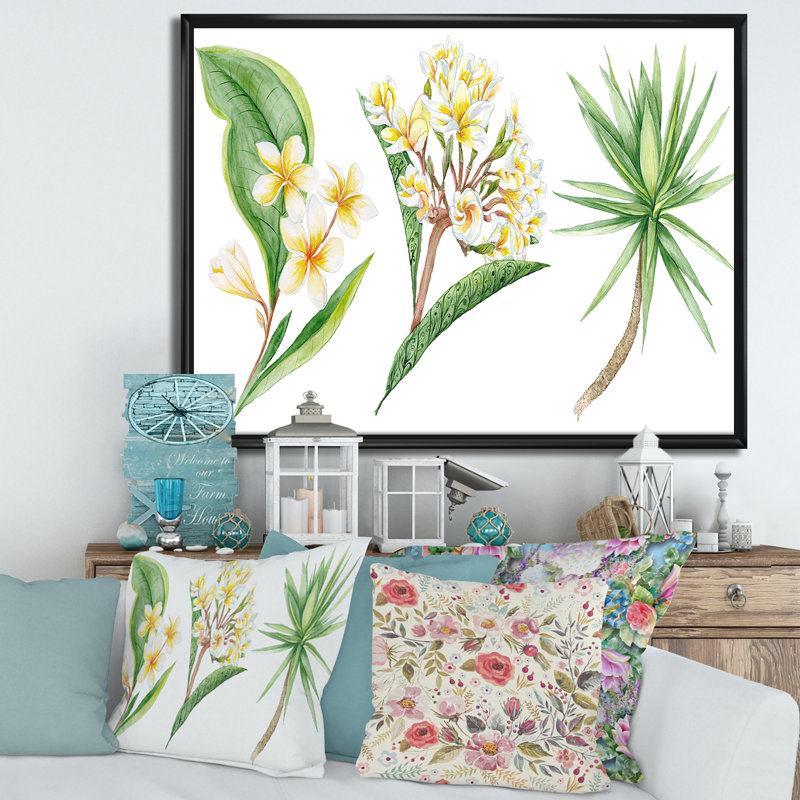 Feuillage tropical et fleurs jaunes - peinture sur toile, H 24 po x l 32 po x P 1 po, Cadre flottant noir