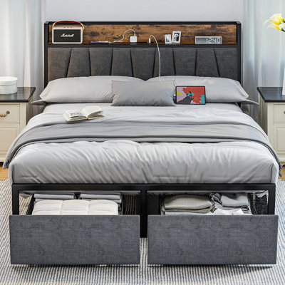 Structure de grand lit avec tête de lit, 2 tiroirs et station de charge USB