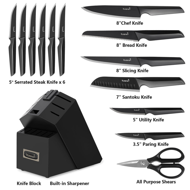 Kuisine 15-Piece Stainless Steel Kitchen Knife Set With Built-In Sharpener Block,High Carbon Steel Coating Blade,Professional Chef Knife Set