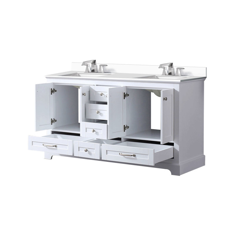 Meuble-lavabo double 60 po X P 22 po D, plateau en quartz blanc et ensemble de robinet, Blanc