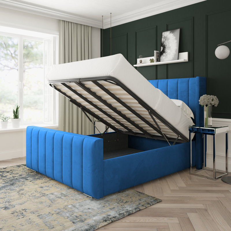 Aspen Plush Velvet Upholstered Ottoman Bed Frame, Blue, Single (3')