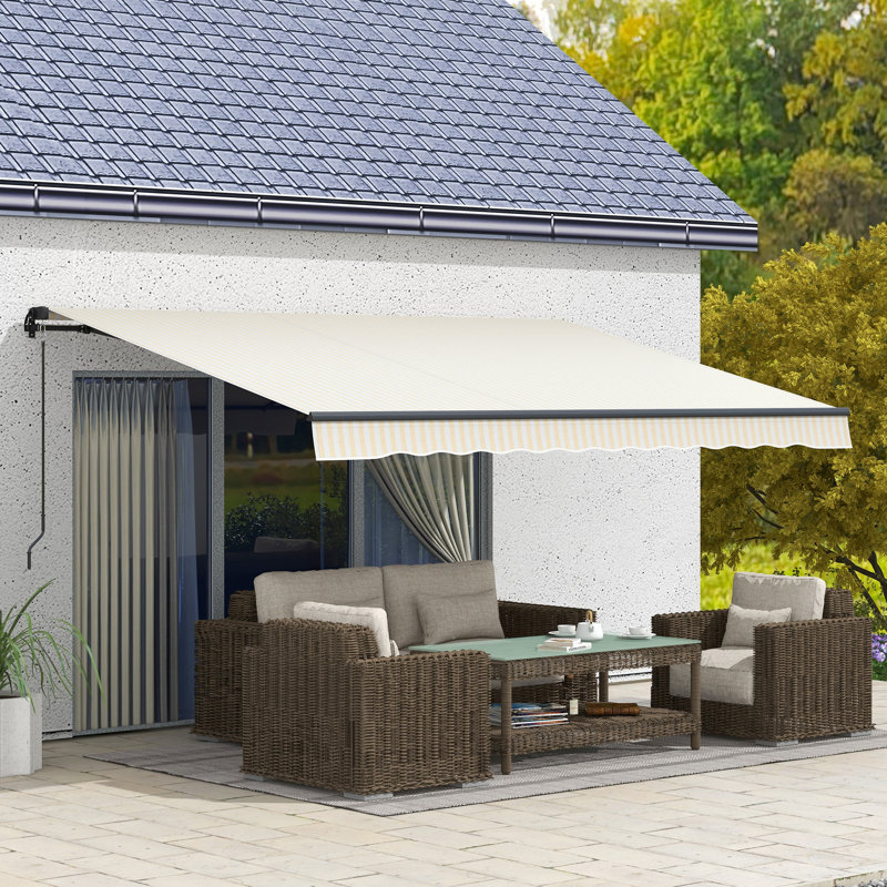 Deck Awning - 280gsm Fabric, , Retractable, Manual Crank, Beige & White Retractable For Balcony White, 13' X 10