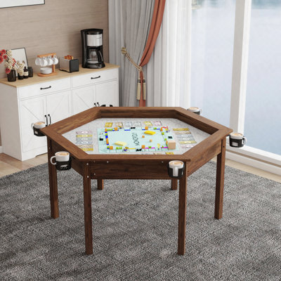 Table de jeu de société - plateau amovible, 6 joueurs, hexagone, porte-gobelets - brun rustique