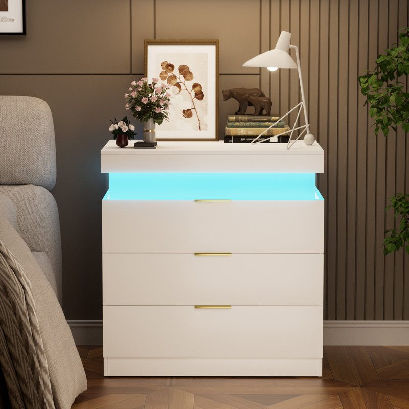 Modern Nightstand With Charging Station, LED Lights, Sliding Top, And Drawers, White Bedside Table | Gift Idea, White