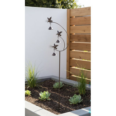 Vibrant Metal Hummingbird Garden Stake with Wind Chimes & Bells - Durable Outdoor Decor