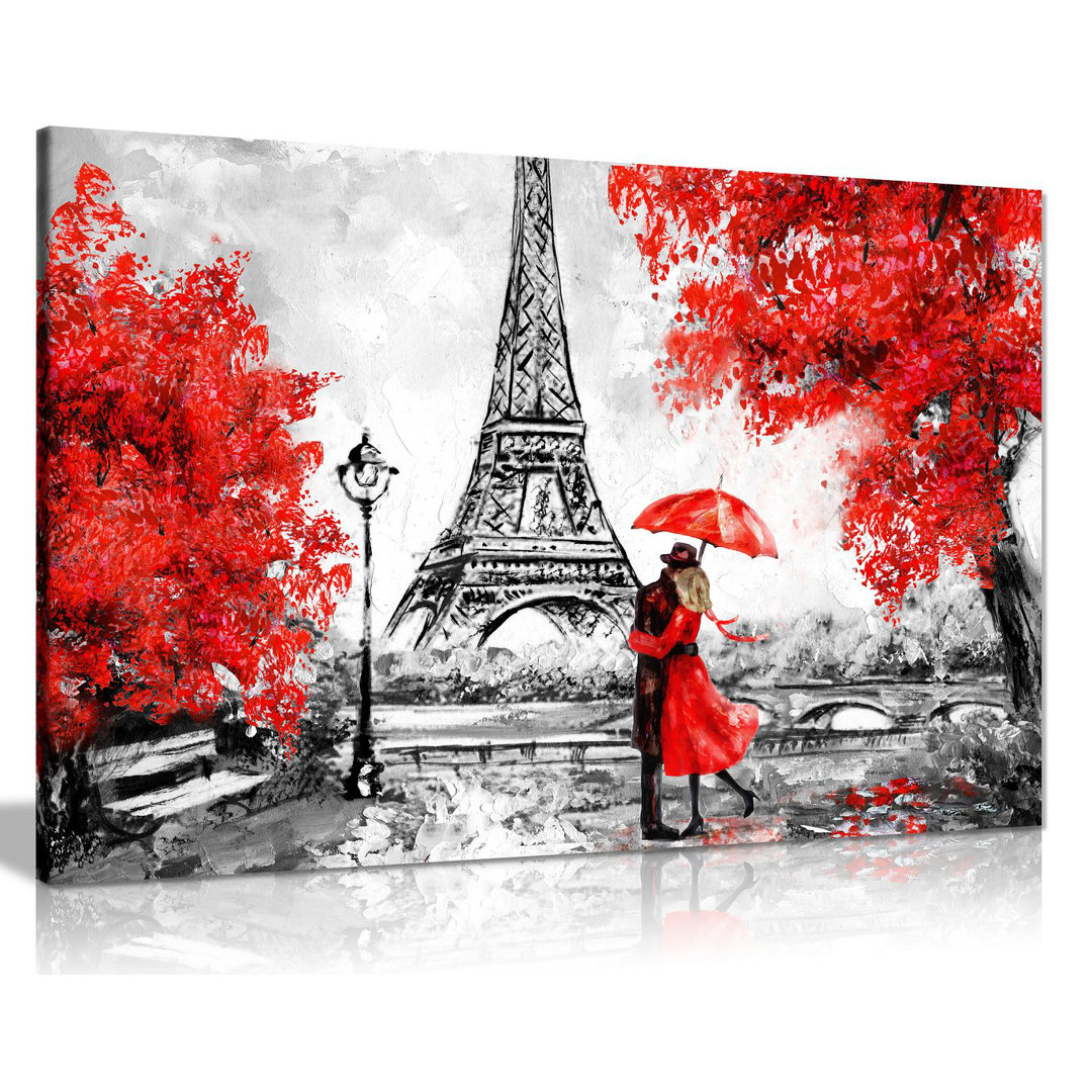Paris Reproduction Eiffel Tower Red Umbrella - Wrapped Canvas Painting