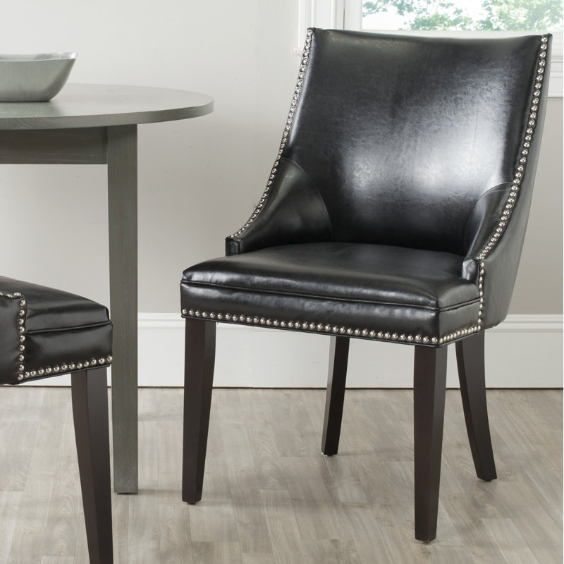 Ardelis 19.7'' H Leather Upholstered Side Chair, Black Faux Leather, Espresso