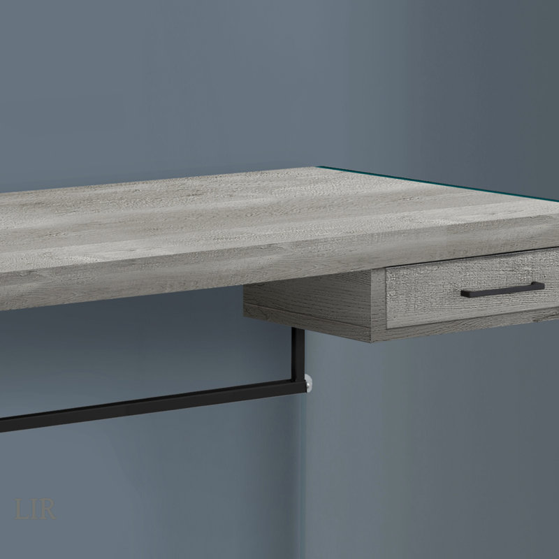 Contemporary Grey Laminate Computer Desk With Clear Tempered Glass And Storage, For Modern Home Offices., Gray