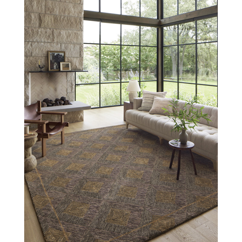 Dezirae Geometric Hand Tufted Wool Area Rug in Plum/Gold, Rectangle 8'6" x 11'6"