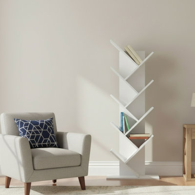  Modern 9-tier Wooden Tree Bookshelf For Home And Office Freestanding Vertical Book Storage Rack Zigzag Design Space-saving Floor Standing Bookcase For Living Room Bedroom Or Study, White