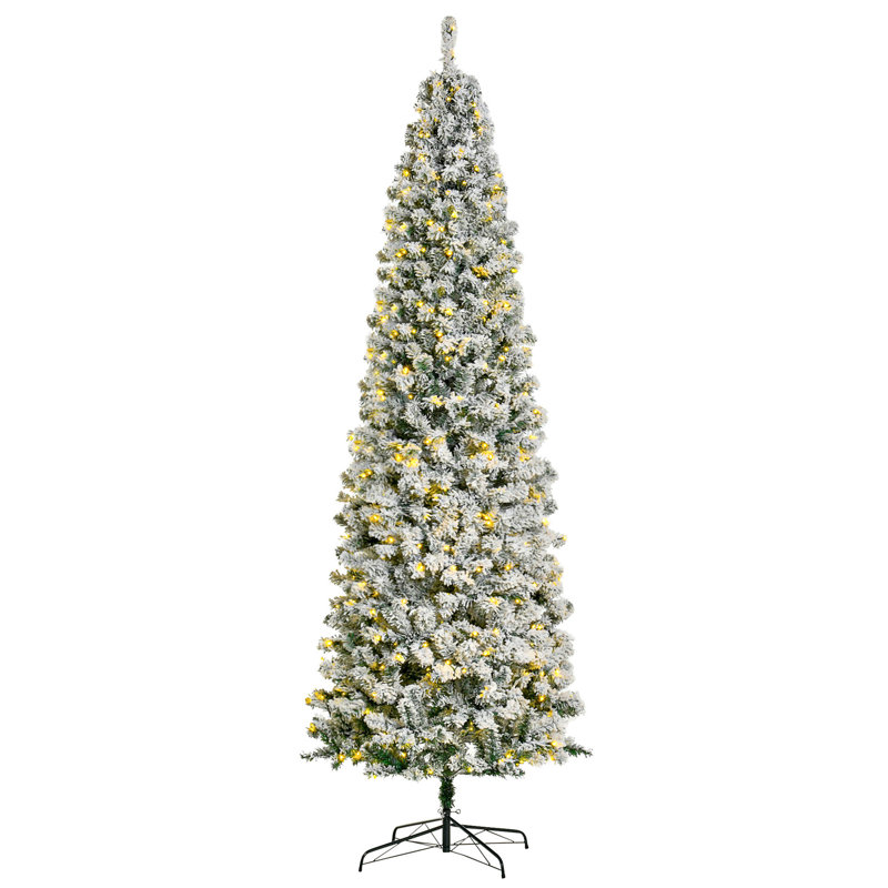 HOMCOM 9Ft Pre-Lit Snow-Flocked Slim Douglas Fir Artificial Christmas Tree With Realistic Branches, 550 LED Lights And 988 Tips
