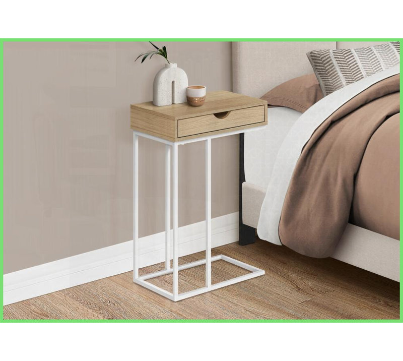 Table basse en forme de C avec rangement et plateau en stratifié naturel Cadre en métal blanc pour salon / chambre à coucher