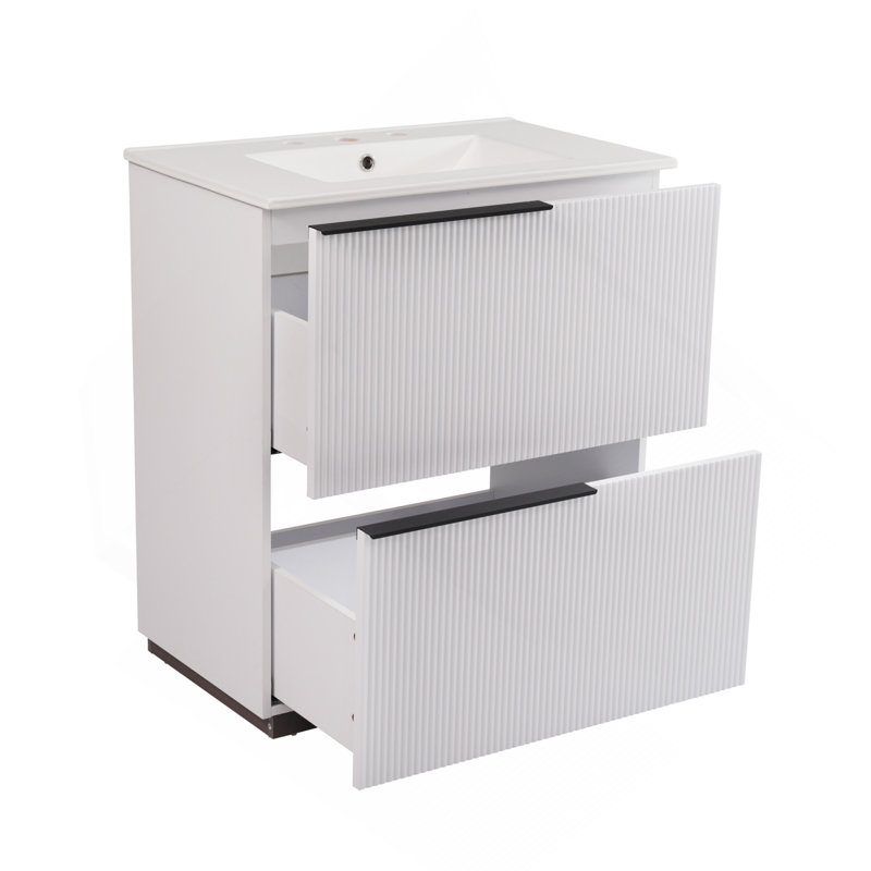 Meuble-lavabo de 30 po avec lavabo en céramique et tiroirs pleine extension, glissières de tiroir encastrées à fermeture en douceur, conception cannelée, blanc