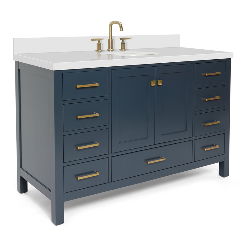Cambridge 55'' Single Bathroom Vanity with White Quartz Top, Midnight Blue / Satin Brass, Oval