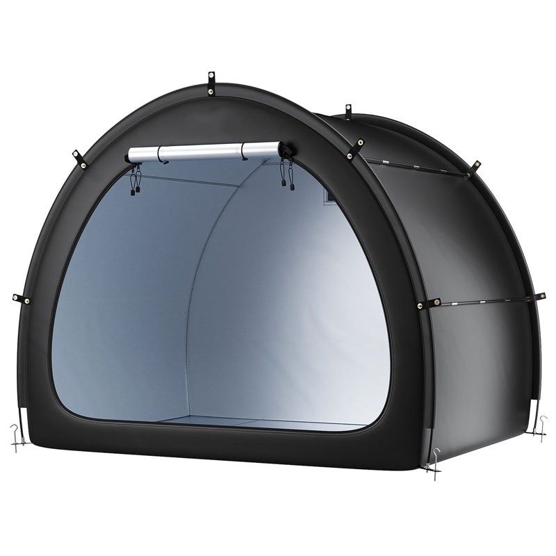 Rangement extérieur imperméable pour 4 à 5 vélos, avec revêtement double, tissu 210D enduit argent, plateau arqué pour éviter la formation d'eau, poteaux en fibre de verre renforcé, stabilité multi-points, poids léger