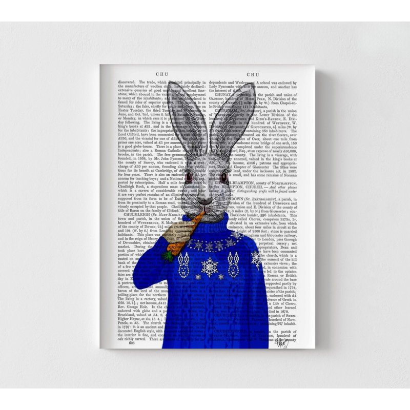 Lapin en chandail, décor de chandail bleu foncé, idée de décor de touche bleue, art mural de lapin gris, très grande idée de cadeau d'anniversaire excentrique