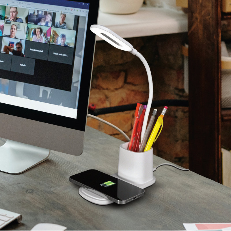 Lampe de bureau à DEL OttLite avec recharge sans fil, 3 couleurs, intensité variable, cou flexible, espace de rangement