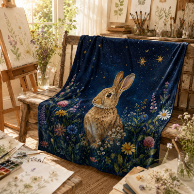 Starry Night Rabbit Blanket with Wildflower Garden, Crescent Moon and Golden Stars, Flannel Throw for Bedside, Reading and Everyday Relaxing, 40 x 50 in