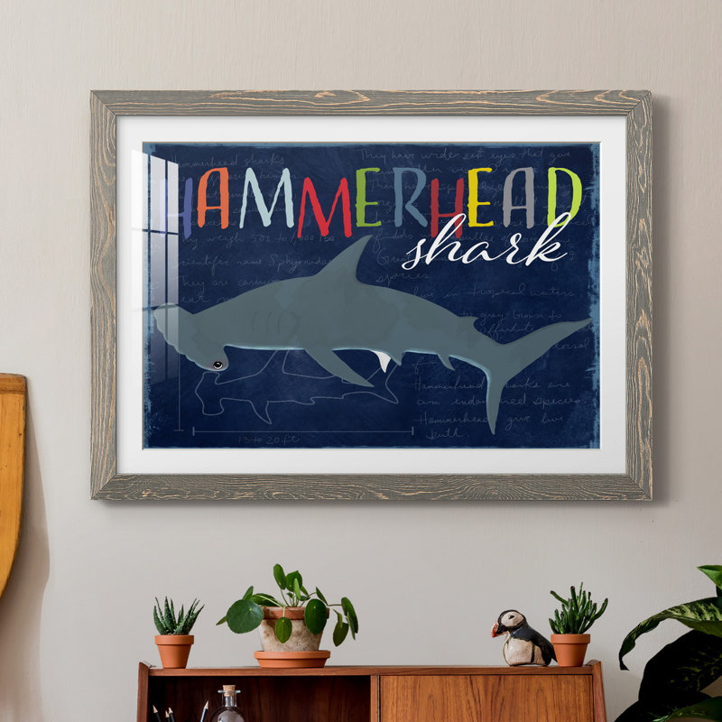 " Hammerhead Shark ", 37.5" H x 27.5" W x 1.5" D, Gray Framed Paper