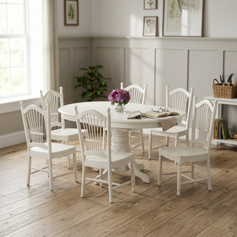 Ensemble de cuisine ovale 7 pièces en bois d'hévéa asiatique blanc lin, rallonge papillon et 6 chaises