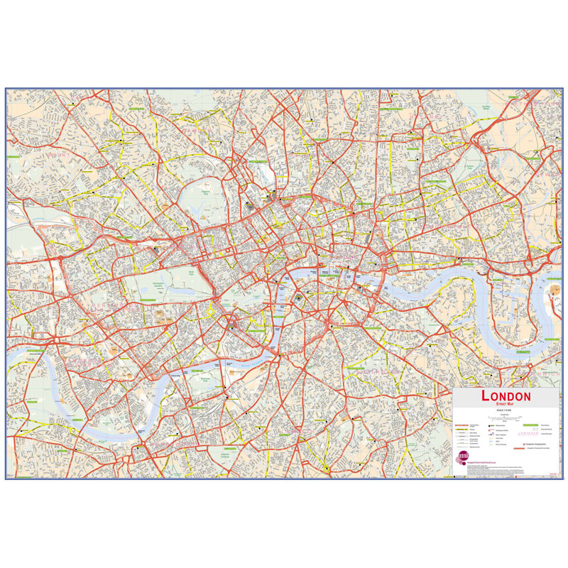 Large Central London Street Wall Map - No Frame Print, 115cm H x 163cm W x 0.5cm D