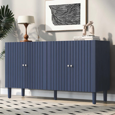 Elegant Four-Door Sideboard With Wavy Pattern Doors,Cylindrical Legs,And Sleek Metal Handles,Adjustable,Suitable For Study,Entryway And Living Room