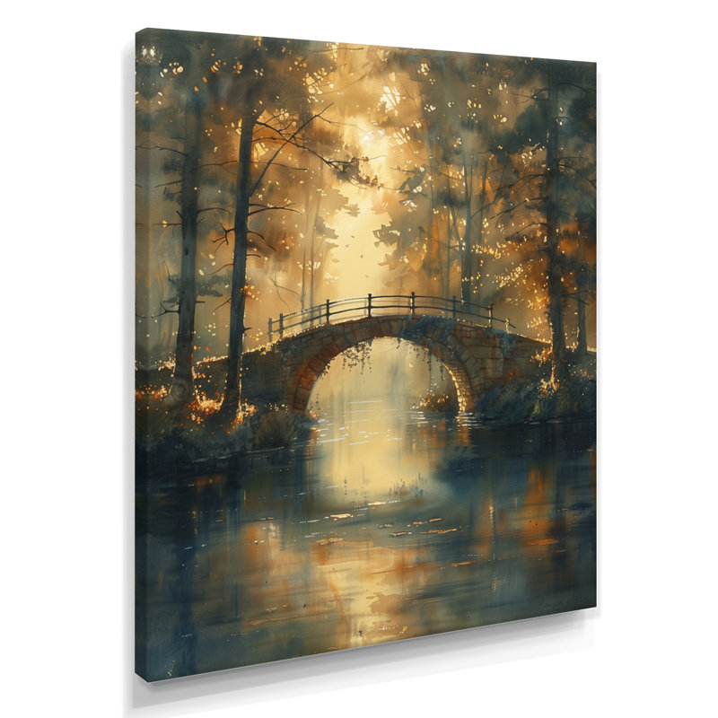 Pont brun et bord de l'eau au printemps - Décoration murale Bridges, Toile tendue, H 20 po x l 12 po