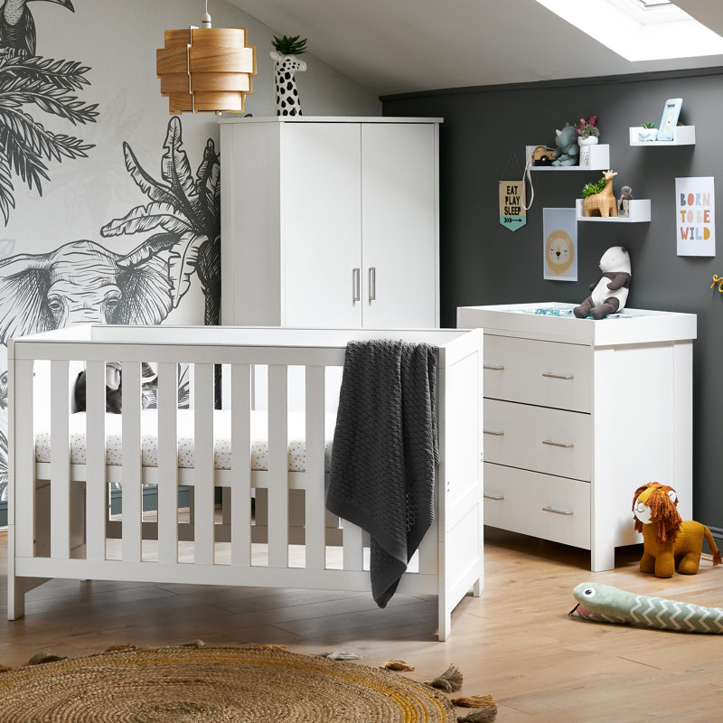 Nika Cot Bed 3-Piece Nursery Furniture Set, White Wash