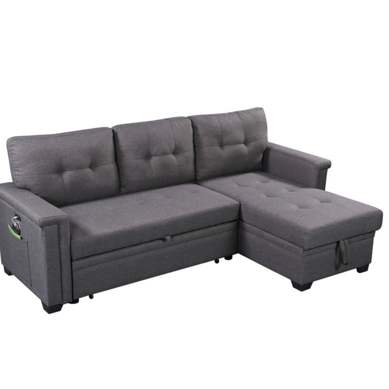Canapé-lit modulaire réversible avec méridienne de rangement, ports de chargement USB et poche, Lin gris foncé