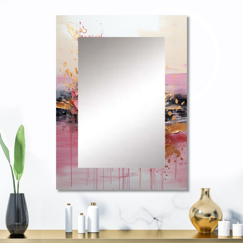 Or et rose moderne liquide formes II - miroir de formes, miroir mural doré unique, impression sur métal, 32 po x 24 po