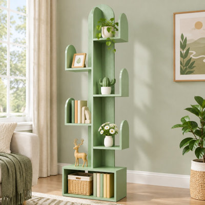 Cette bibliothèque en bois de cactus à 5 niveaux vert brume mesure 50 po de hauteur et permet de ranger des CD, des films ou des livres à la verticale dans les petits bureaux, les chambres à coucher ou les salons.