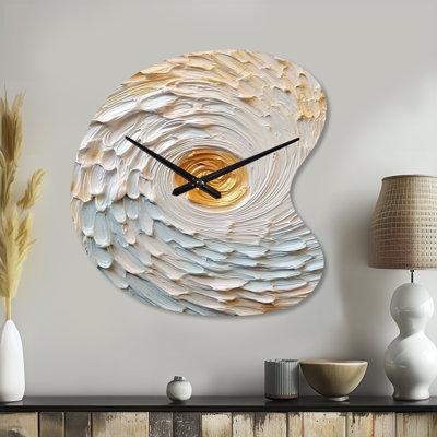 Gold and Cream Enchanted Whirls III - Abstract Spirals Unique Shape Metal Wall Clock, Modern Asymmetrical Wall Clock Print