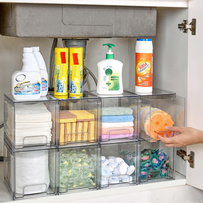Ensemble de 4 tiroirs de rangement empilables, organisateurs de maquillage pour salle de bain en acrylique de 6,6 po, tiroirs en plastique transparent pour meuble-lavabo, sous-évier, armoire de cuisine, rangement et rangement pour garde-manger