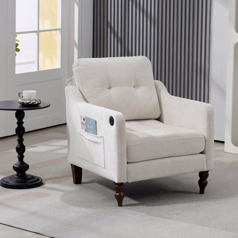 Fauteuil d'appoint en chenille beige avec port de chargement USB, poche latérale
