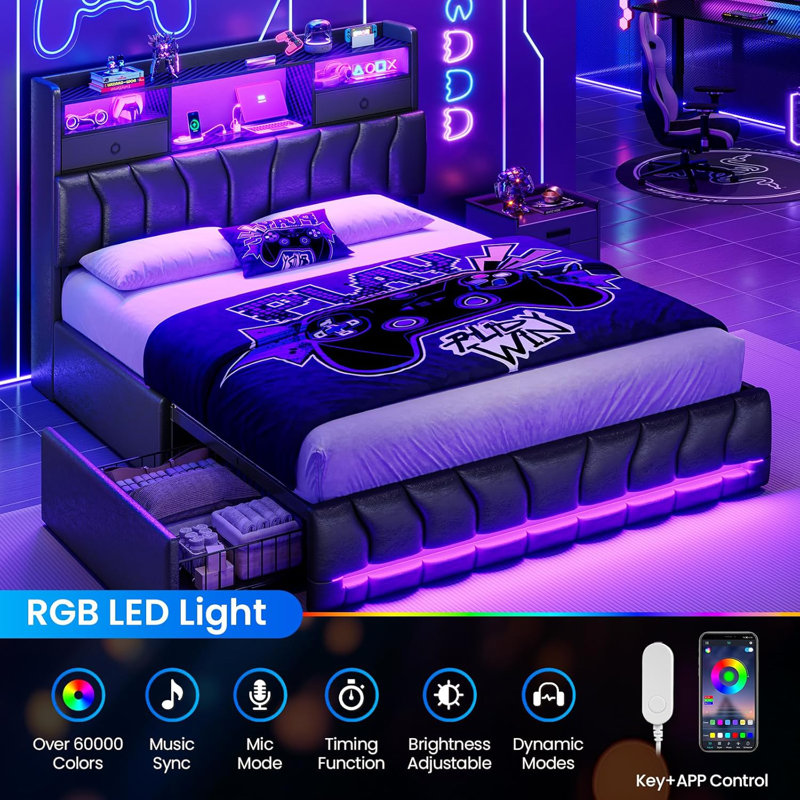Queen Bed Frames With Storage Headboard And 2 Large Drawers, Gaming Bed With Rgb Lights And Charging Station, Leather Upholstered Platform Bed, Esports-Style Bed, No Box Spring Needed, Black