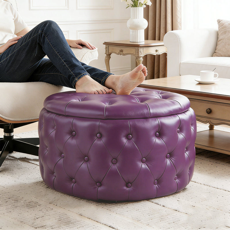Fully Assembled Round Storage Ottoman with Deep Diamond Tufting and Hidden Storage, Purple PU Faux Leather