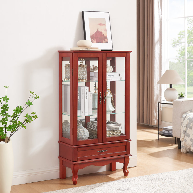 Lighted Glass Display Cabinet Glass Wine Cabinet Curio Display Cabinet With Adjustable Glass Shelves Two Doors And One Drawer Bulb Included For Home Decor And Storage