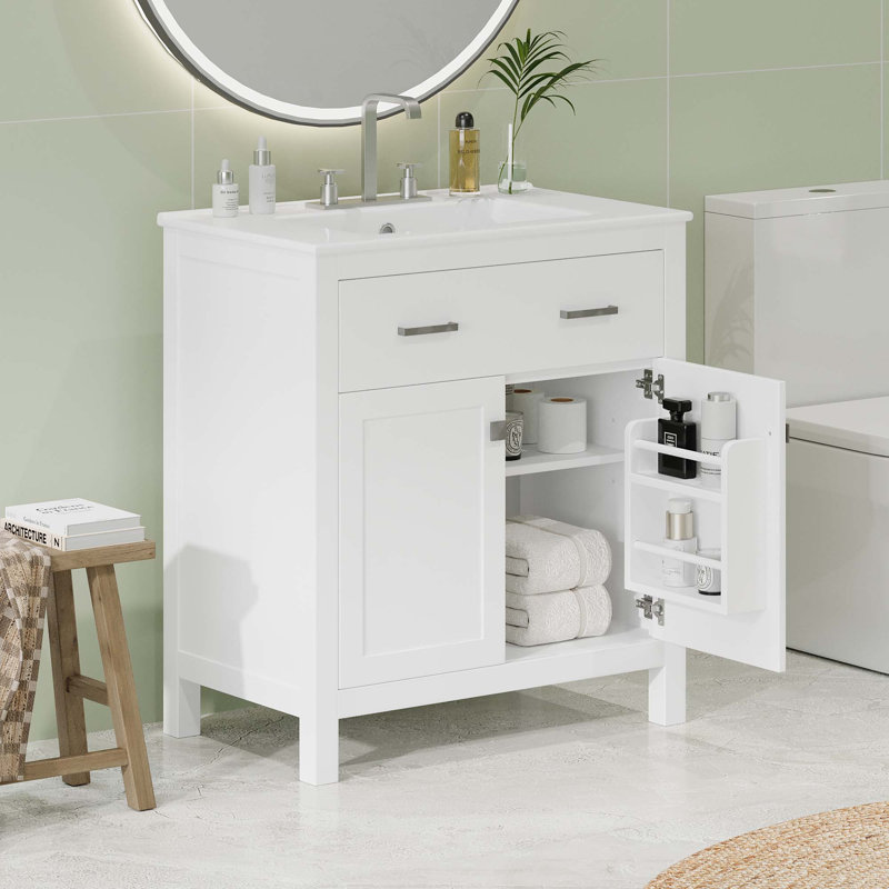 Meuble-lavabo simple 30 po avec plateau en céramique Davini, Blanc, Chrome