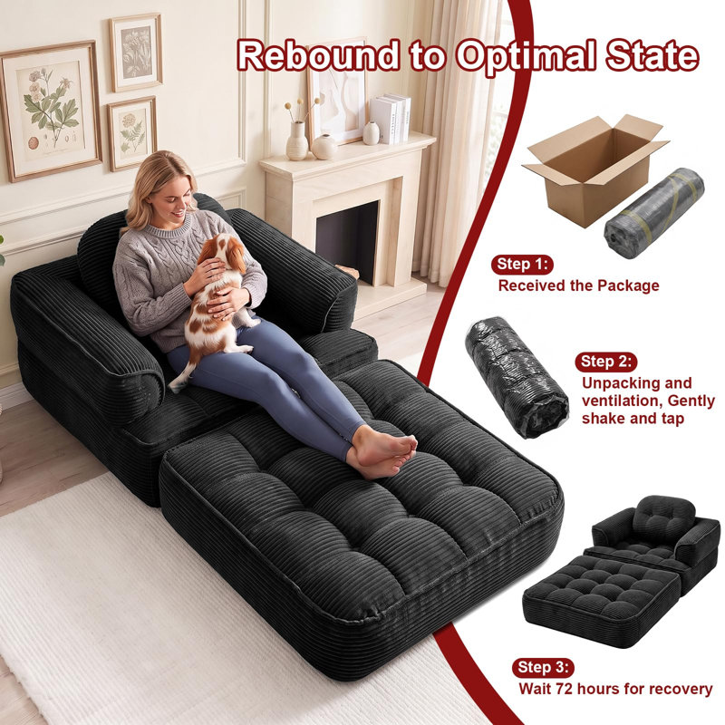 Fauteuil convertible surdimensionné en velours côtelé avec éponge à rebond élevé et coussin, Noir