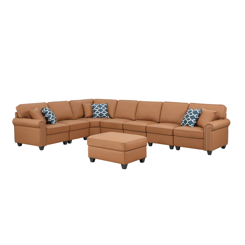 Bouke Artificial Leather Modular Sectional With Ottoman, Brown Faux Leather