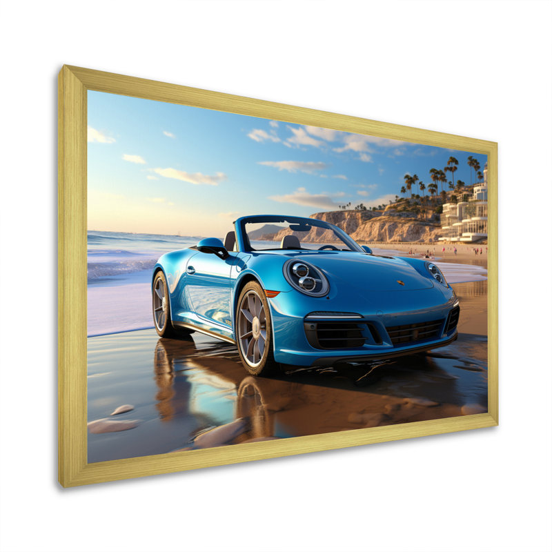 «German Car Beach Phtotography I», reproduction sur toile, H 24 po x l 32 po x P 1 po, Cadre doré à une seule photo