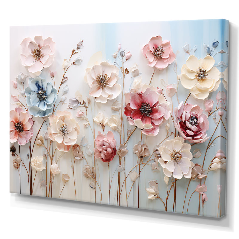 Art floral mural blanc et rose pour salon, Toile tendue, H 30 po x l 40 po x P 1,5 po