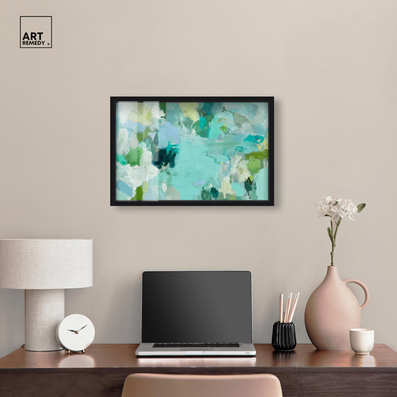 «Alista Green Blues Shadowbox», art abstrait vert par Art Remedy, Noir, H 17 po x l 25 po