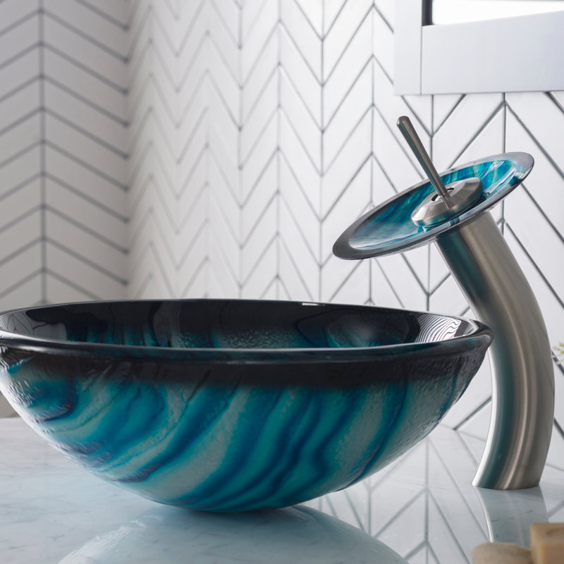 Kraus Ladon Series Glass Bathroom Vessel Sink and Waterfall Faucet Set with Pop-Up Drain, Satin Nickel
