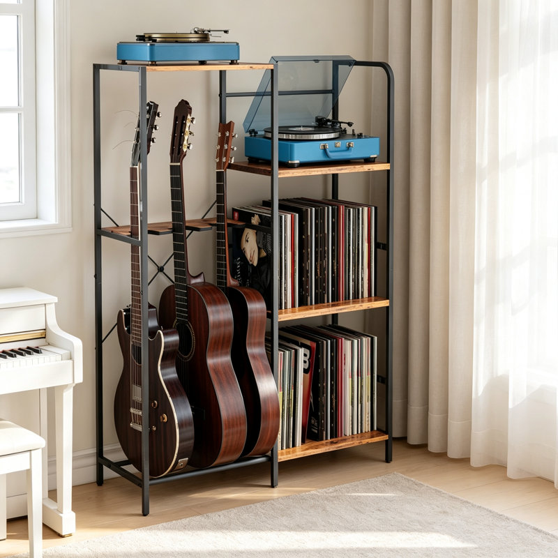 Support pour guitare avec support pour tourne-disque, tablette à 3 niveaux pour rangement d'amplis et de vinyles, pouvant accueillir 3 guitare pour Home Studio de musique