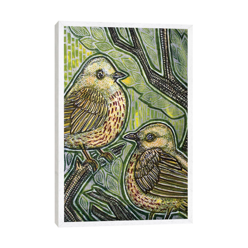 Duet (Yellow Warbler) by Lynnette Shelley - Painting on Canvas, White Framed, 66.04cm H x 45.72cm W x 3.81cm D