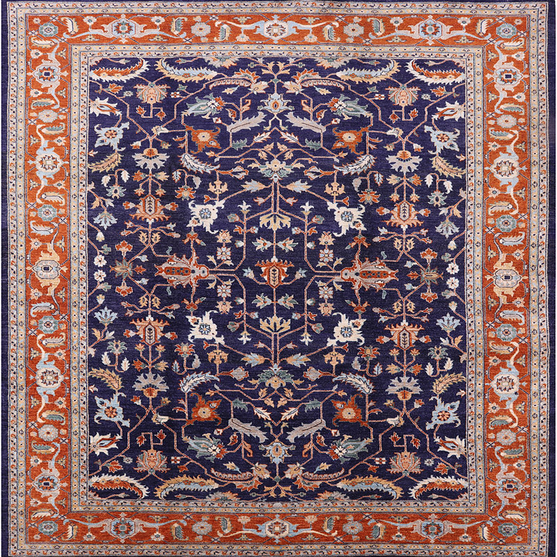 Tapis oriental rouge / bleu Kisag, Carré 7 pi