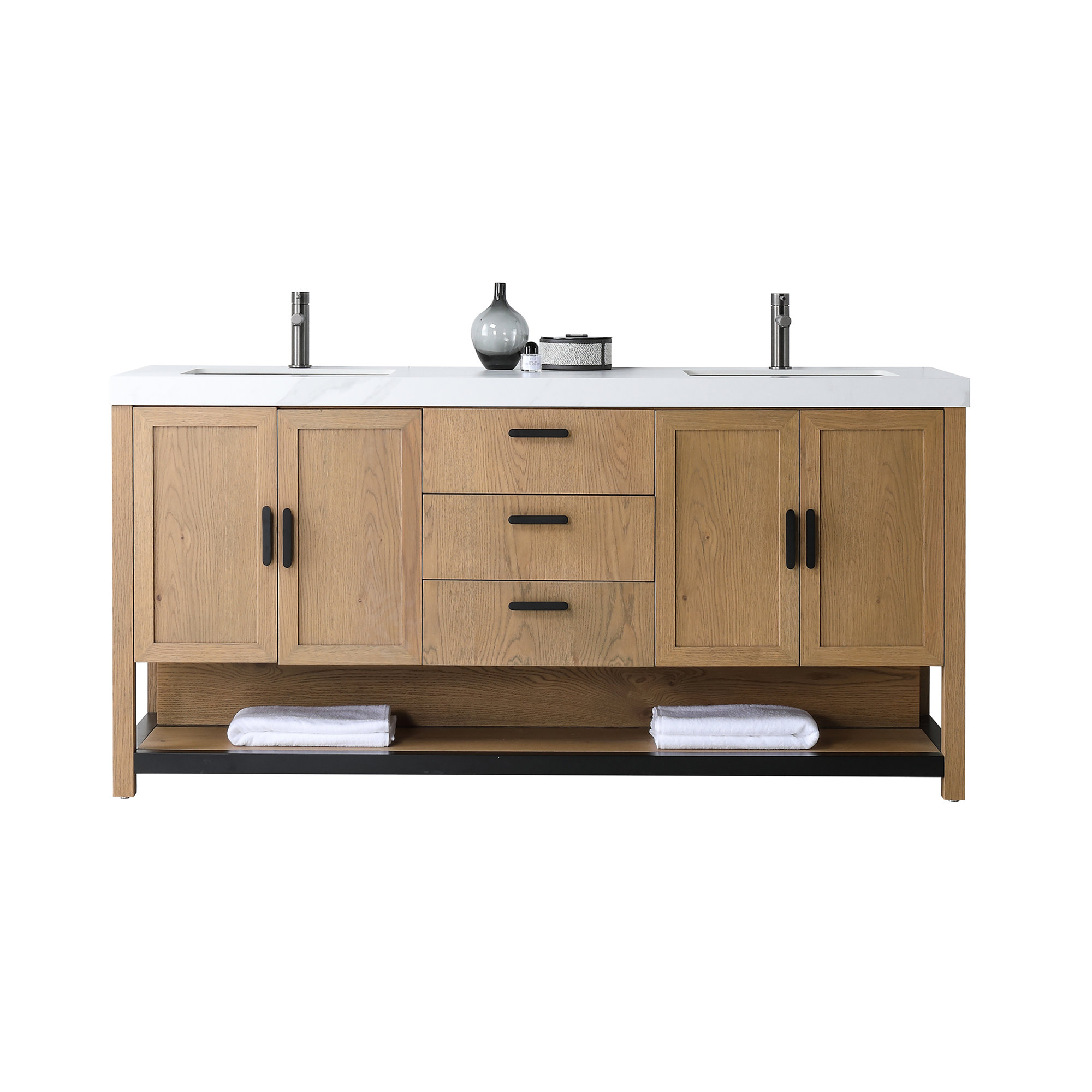 Winchester 72'' Natural Wood Veneer Plywood Bathroom Vanity with Engineered Quartz Top, White, Pecan Oak