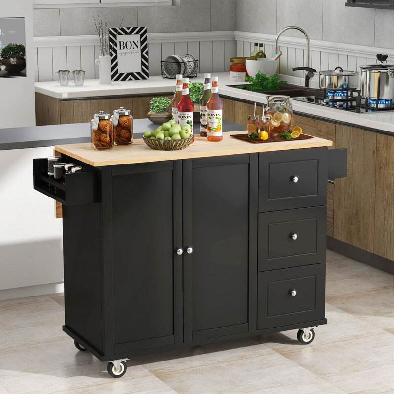 Îlot de cuisine mobile à roulettes avec plateau en bois massif et roulettes verrouillables, largeur de 52,7 po, armoire de rangement et bar à abattants, support à épices, porte-serviettes et tiroir