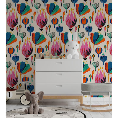 Colorful Folk Floral Pattern Wallpaper on Cream